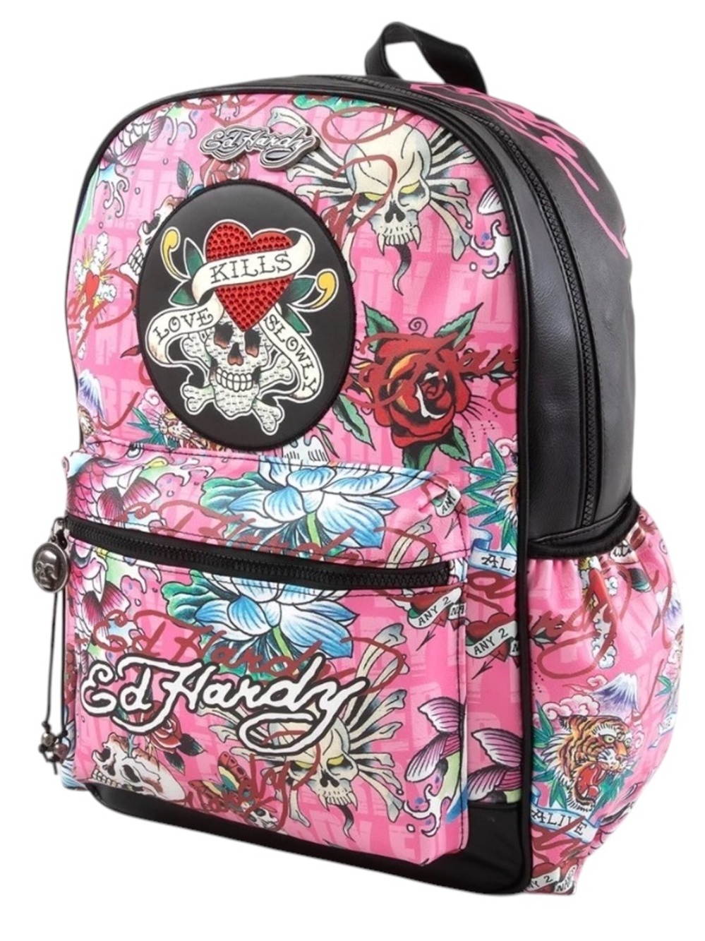 Ed Hardy Large Pink Tattoo Heart & Skull Backpack